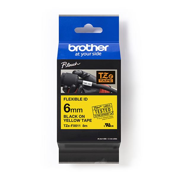 Brother originální páska do tiskárny štítků, Brother, TZE-FX611, černý tisk/žlutý podklad, laminovaná, 8m, 6mm, flexibilní