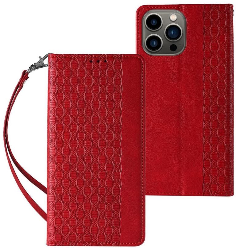 Pouzdro na mobil Magnet Strap knížkové kožené pouzdro na iPhone 12 Pro Max, červené