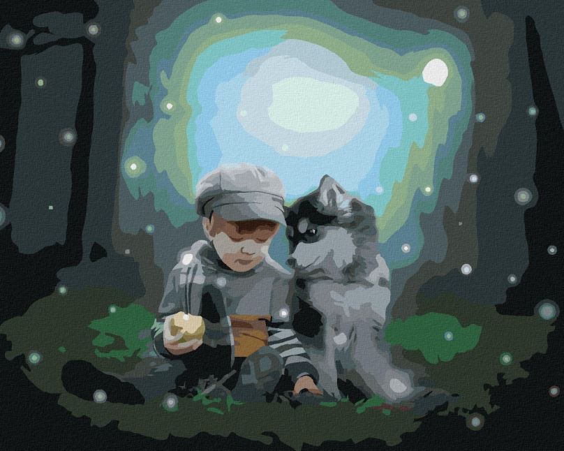 Malování podle čísel Husky a chlapeček v lese, 40x50 cm, vypnuté plátno na rám