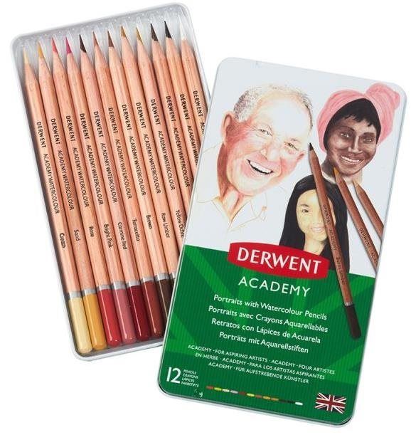 Pastelky DERWENT Academy Watercolour Pencils Skintones v plechové krabičce, šestihranné, 12 barev
