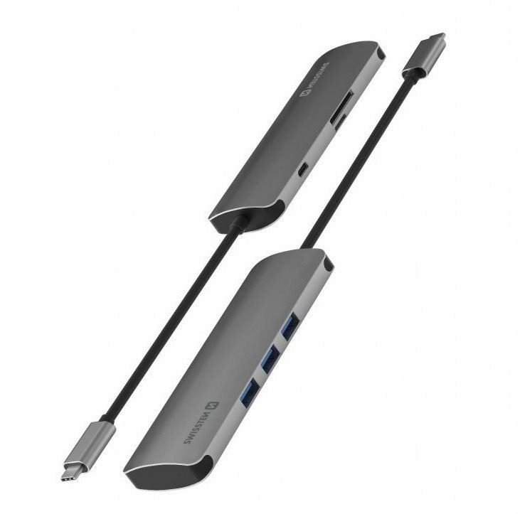 Replikátor portů Swissten USB-C HUB 6-IN-1 (USB-C PD, 3x USB 3.0, SD, MICRO SD) Aluminium