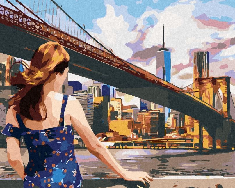 Malování podle čísel Žena u Brooklyn Bridge v New Yorku, 40x50 cm, bez rámu a bez vypnutí plátna