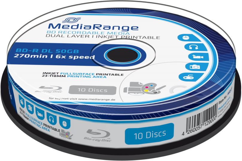 Média MEDIARANGE BD-R BLU-RAY 50GB 6x Dual Layer spindl 10ks Inkjet Printable