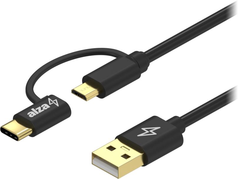 Datový kabel AlzaPower Core 2in1 Micro USB + USB-C 2m černý