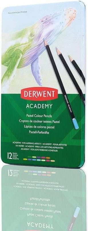 Pastelky DERWENT Academy Pastel Colour Pencils v plechové krabičce, šestihranné, 12 barev