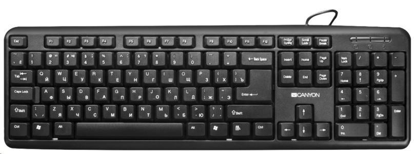 CANYON klasická USB klávesnice, omývatelná, černá, RU layout/Cyrilice, černá