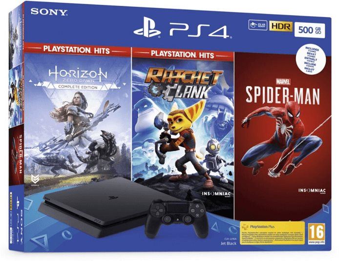 Herní konzole PlayStation 4 Slim 500GB + 3 hry (Spiderman, Horizon Zero Dawn, Ratchet and Clank)