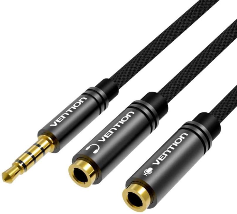 Audio kabel Vention Fabric Braided 3.5mm Male to 2x 3.5mm Female Stereo Splitter Cable 0.3m Black Metal Type