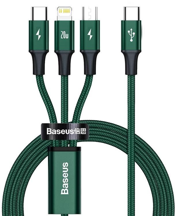 Datový kabel Baseus Rapid Series nabíjecí / datový kabel 3v1 USB-C (USB-C + Lightning + USB-C) PD 20W 1,5m, zelen