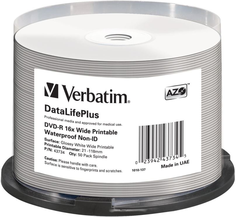 Média VERBATIM DVD-R DataLifePlus 4.7GB, 16x, printable, waterproof, spindle 50 ks