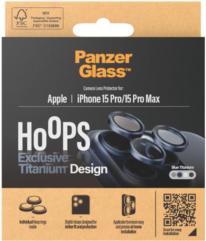 Ochranné sklo na objektiv PanzerGlass HoOps Apple iPhone 15 Pro/15 Pro Max - ochranné kroužky pro čočky fotoaparátu - modrý ti