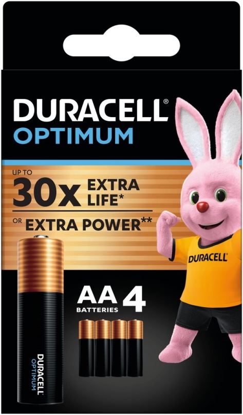 Jednorázová baterie DURACELL Optimum alkalická baterie tužková AA 4 ks