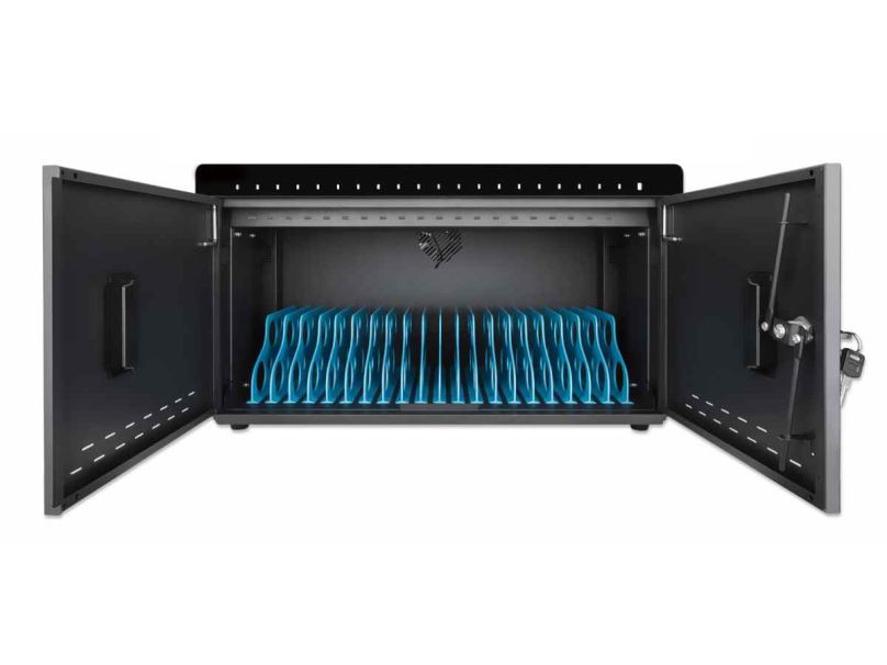 BScom Stolní nabíjecí skříň pro 20 tabletů, 360W, USB-C nabíjení, přepěťová ochrana, tichá ventilace, kovové pouzdro, černá