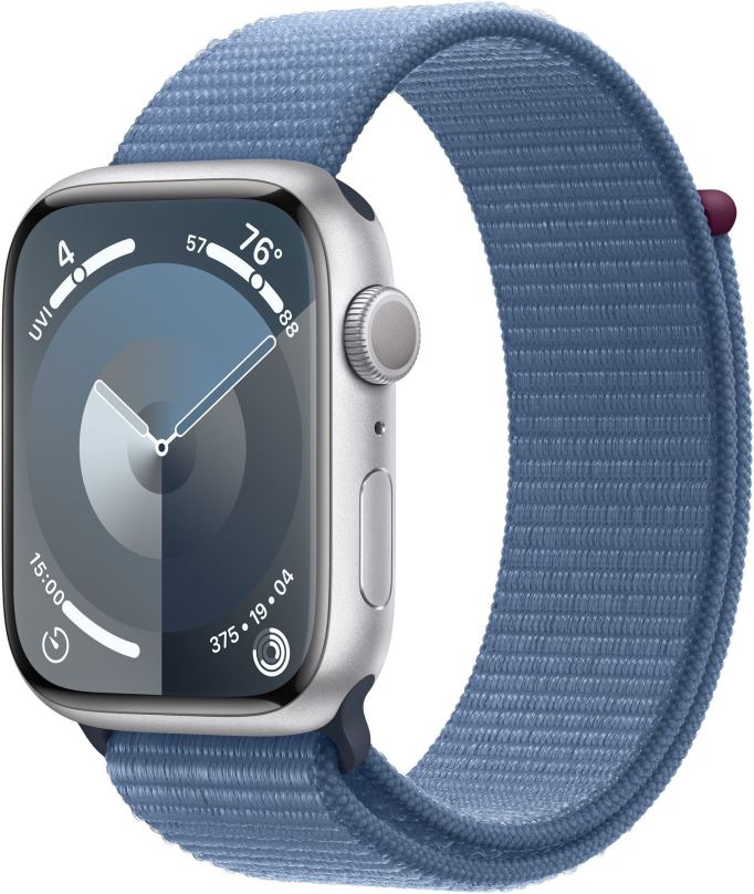 Chytré hodinky Apple Watch Series 9 45mm Stříbrný hliník s ledově modrým provlékacím sportovním řemínkem