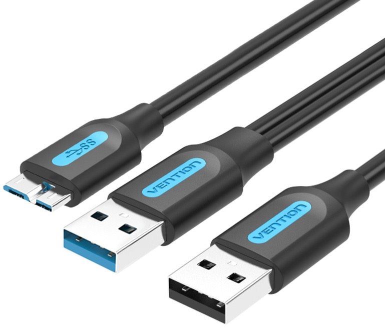 Datový kabel Vention USB 3.0 to Micro USB Cable with USB Power Supply 0.5M Black PVC Type