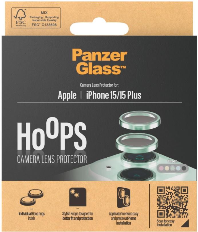 Ochranné sklo na objektiv PanzerGlass HoOps Apple iPhone 15/15 Plus - ochranné kroužky pro čočky fotoaparátu - zelený hliník