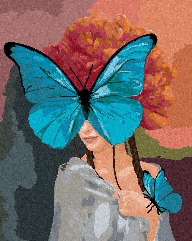 Malování podle čísel Žena s motýly a pivoňky, 80x100 cm, bez rámu a bez vypnutí plátna