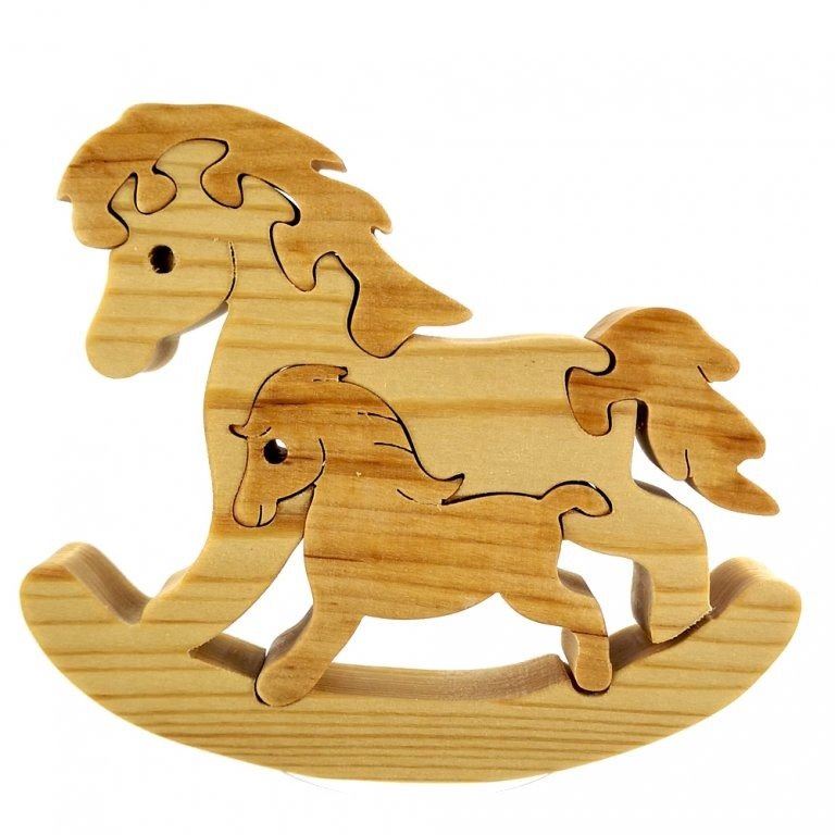 Puzzle AMADEA Dřevěné puzzle houpací kůň, masivní dřevo dvou druhů dřevin, 13,5x11,5x3 cm