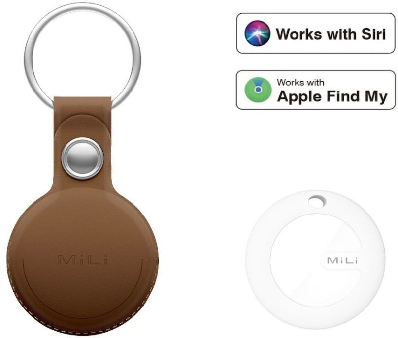Bluetooth lokalizační čip MiLi MiTag – smart lokátor s koženou klíčenkou, hnědá