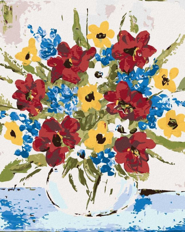 Malování podle čísel Barevné květiny ve váze (Haley Bush), 80x100 cm, vypnuté plátno na rám