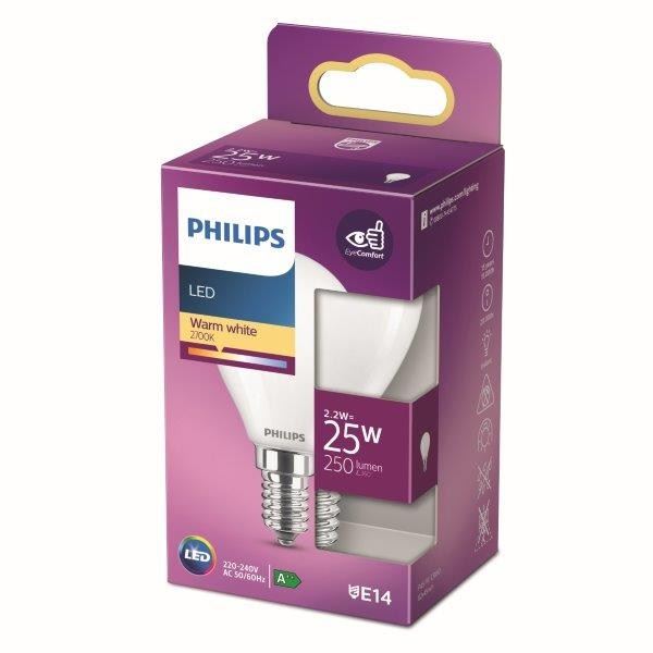 Philips 8718699763411 LED žárovka 1x2,2W | E14 | 250lm | 2700K - teplá bílá, matná bílá, EyeComfort