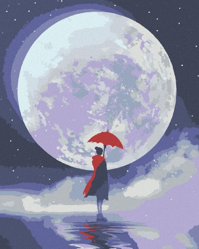 Malování podle čísel Žena stojící s deštníkem proti úplňku, 40x50 cm, bez rámu a bez vypnutí plátna