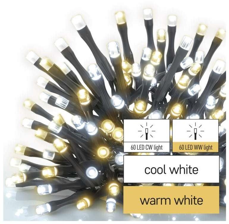 Světelný řetěz EMOS LED vánoční řetěz, 12 m, venkovní i vnitřní, teplá/studená bílá, časovač