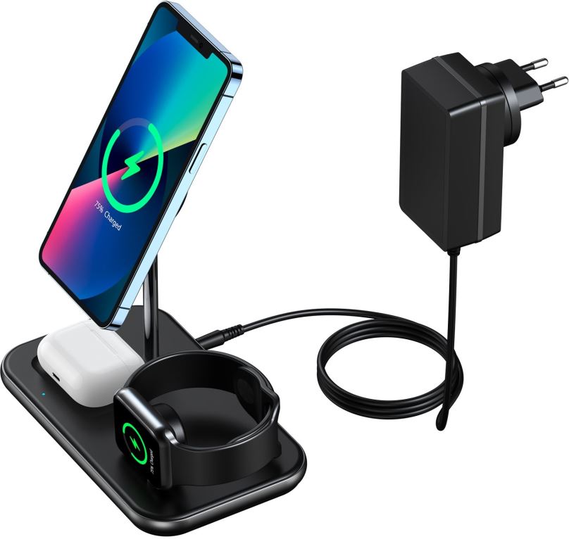 Nabíječka na hodinky ChoeTech MFM certified 3 in 1 Magnetic Wireless Charger for Iphone 12, 13 series and Apple watch ( w