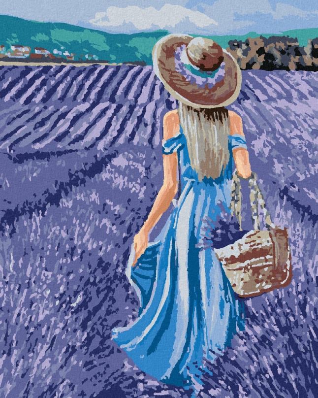 Malování podle čísel Žena v modrých šatech v levandulovém poli, 80x100 cm, vypnuté plátno na rám