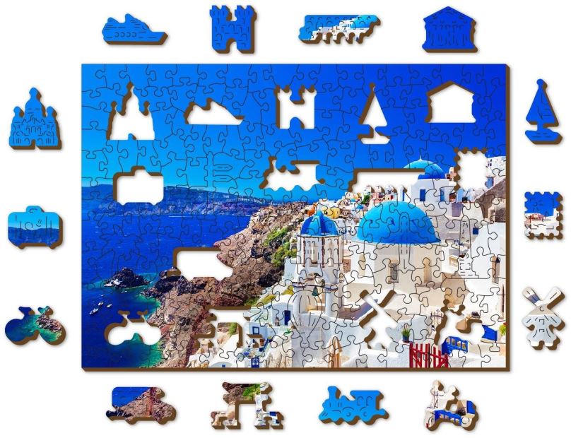 Puzzle Woden City Dřevěné puzzle Santorini, Řecko 2v1, 200 dílků eko