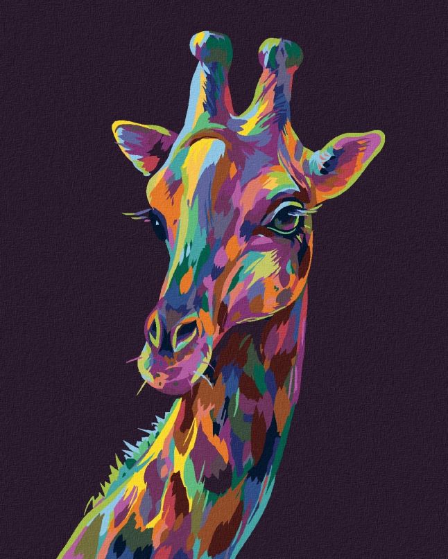 Malování podle čísel Pop-art žirafa na fialovém pozadí, 40x50 cm, bez rámu a bez vypnutí plátna