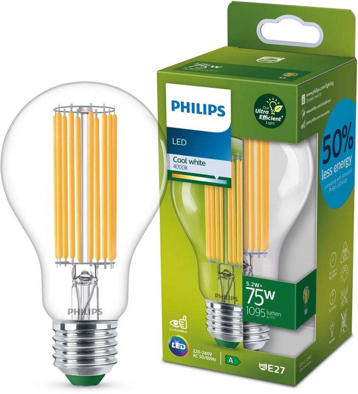 Philips 8719514435698 LED filamentová žárovka 1x5,2W/75W | E27 | 1535lm | 4000K - čirá, Ultra Efficient