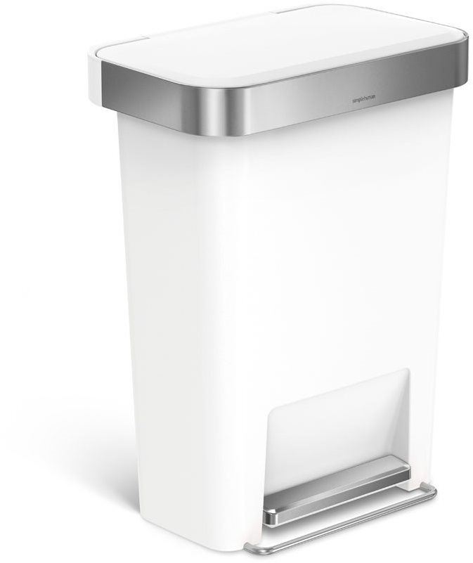 Pedálový odpadkový koš Simplehuman – 45 l, kapsa na sáčky, obdélníkový, bílý plast / nerez