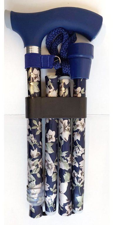 Vycházková hůl Sundo Skládací podpůrná hůl se silikonovou rukojetí, výška 85 - 95 cm, modré květiny