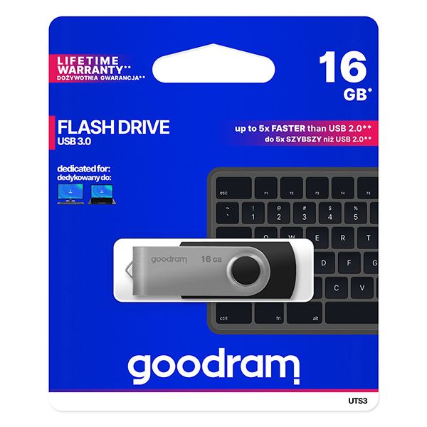 Goodram USB flash disk, USB 3.0, 16GB, UTS3, černý, UTS3-0160K0R11, USB A, s otočnou krytkou