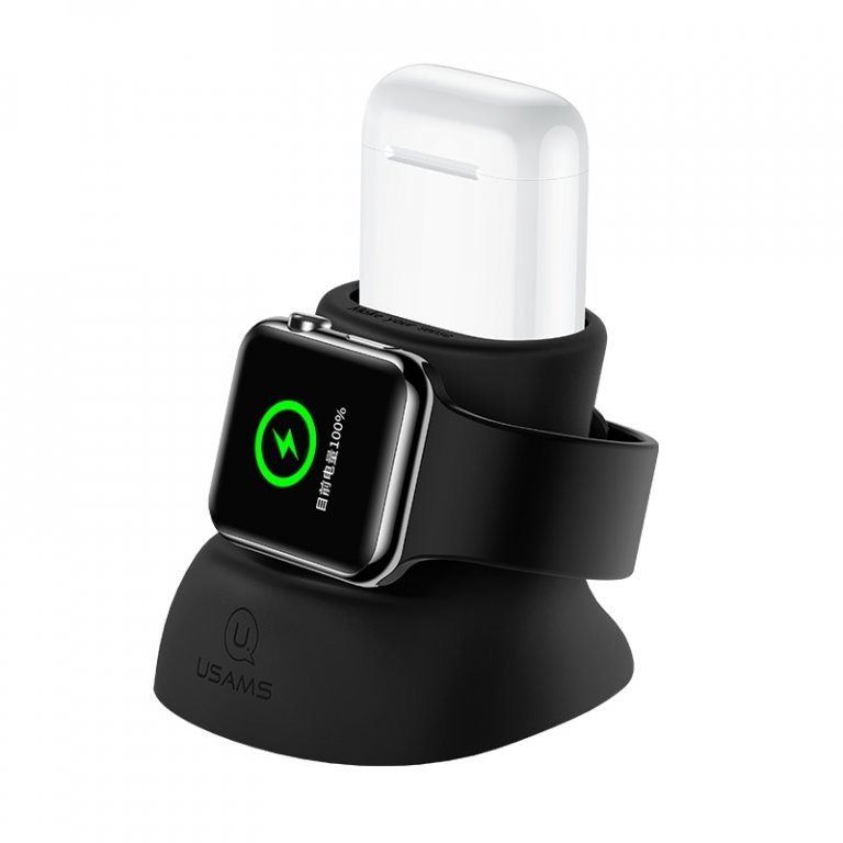 Stojánek USAMS US-ZJ051 2in1 Silicon Charging Holder For Apple Watch And AirPods Black