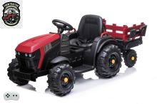 Elektrický farmářský traktor s vlekem a lopatou, červený