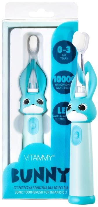 Elektrický zubní kartáček VITAMMY Bunny s LED světlem a nanovlákny, 0-3 roky, blankyt
