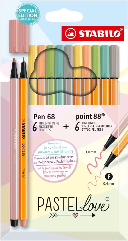 Fixy STABILO point 88 & STABILO Pen 68 - Pastellove - 12 ks sada - 6 ks point 88, 6 ks Pen 68