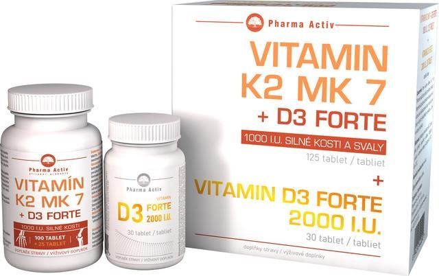 Vitamíny Pharma Activ Vitamín K2 MK7 + D3 Forte 125 tablet + Vitamín D3 Forte 2000 I.U. 30 tablet
