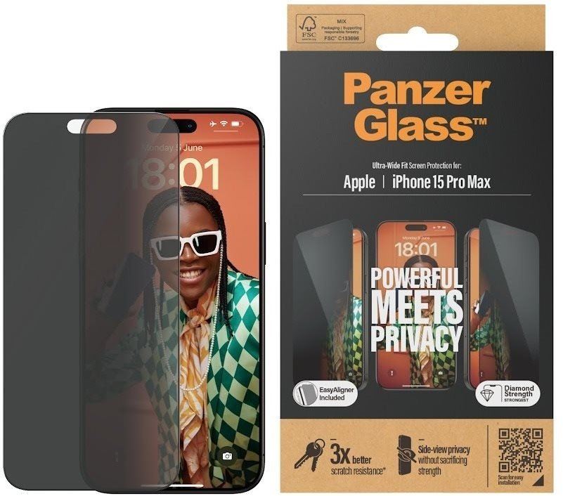 Ochranné sklo PanzerGlass Privacy Apple iPhone 15 Pro Max s instalačním rámečkem