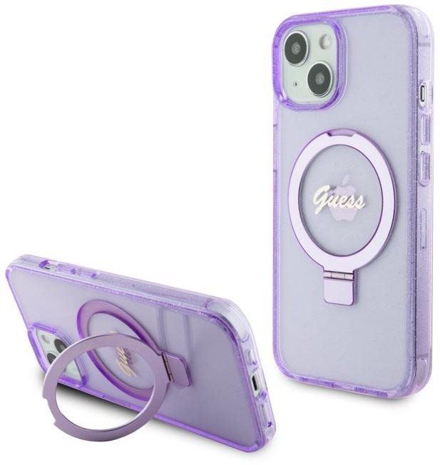 Kryt na mobil Guess IML Ring Stand Glitter MagSafe Zadní Kryt pro iPhone 15 Plus Purple