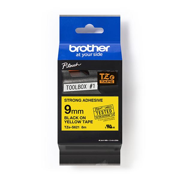 Brother originální páska do tiskárny štítků, Brother, TZE-S621, černý tisk/žlutý podklad, laminovaná, 8m, 9mm, extrémně adhezivní