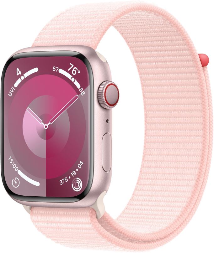Chytré hodinky Apple Watch Series 9 45mm Cellular Růžový hliník se světle růžovým provlékacím sportovním řemínkem
