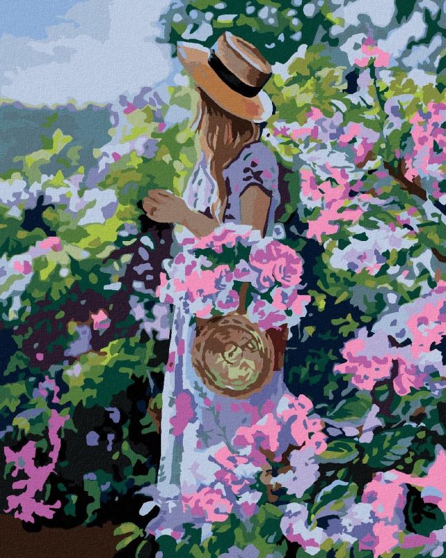 Malování podle čísel Žena v klobouku u květin, 40x50 cm, bez rámu a bez vypnutí plátna