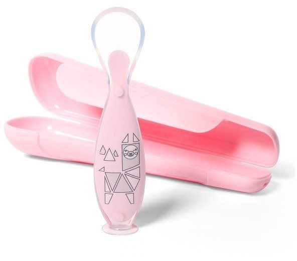 Dětský příbor BabyOno dětská silikonová lžička v pouzdře, růžová