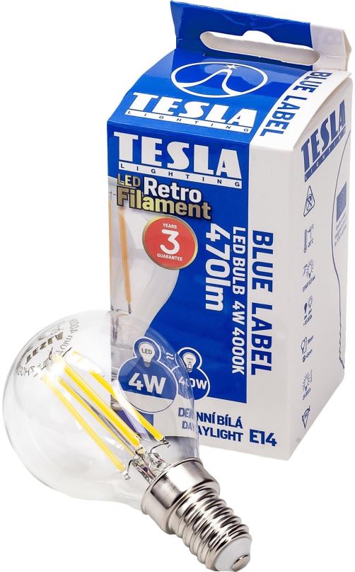 LED žárovka TESLA LED MINIGLOBE FILAMENT RETRO E14, 4W, 470lm, 4000K denní bílá