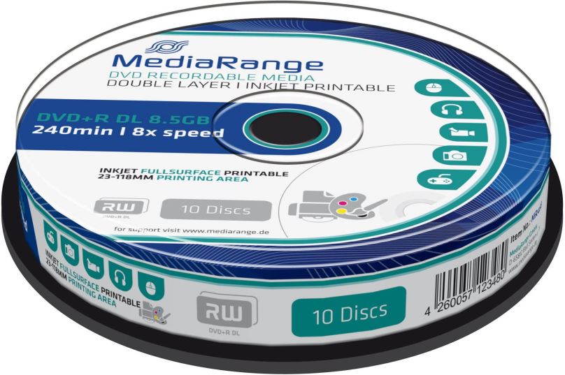 Média MEDIARANGE DVD+R 8,5GB 8x Dual Layer spindl 10ks Inkjet Printable