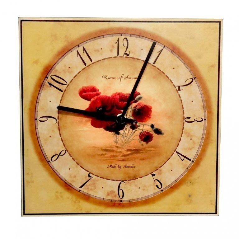 Nástěnné hodiny AMADEA Dřevěné hodiny nástěnné hranaté s vlčím mákem, masivní dřevo, 25x25 cm