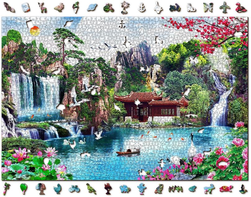 Puzzle Woden City Dřevěné puzzle Vodopády v japonské zahradě 2v1, 2000 dílků eko